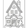 Line drawing of a whimsical gingerbread house with a pitched roof, chimney, a flower design on the front, and decorative elements like swirls at the entrance and shrubbery on the sides, suitable for coloring.