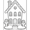A black and white outline of a gingerbread house with a sloped roof, decorated windows, a door at the center, and two gingerbread men standing on either side, set against a snowy ground.