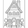 Black and white outline drawing of a cozy house with a chimney, round windows, and a door, surrounded by bushes and trees, designed for coloring activities.