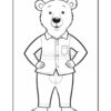 A cartoon bear standing upright, wearing a button-up shirt and pants, with a friendly expression and hands on its hips.