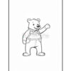 A cartoon bear character wearing overalls and a bow tie, standing with one paw raised as if waving.