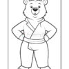 A cartoon bear character standing confidently with hands on hips, wearing a kimono-style outfit. The bear has a friendly expression and is outlined for coloring.