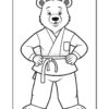 A cartoon-style bear wearing a martial arts gi and black belt, standing with arms crossed and a friendly expression, set against a simple white background.