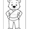 A cartoon bear character with a friendly expression, standing with hands on hips, wearing a simple outfit that resembles a robe, outlined in black and ready for coloring.