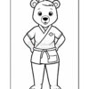A cartoon bear standing upright, wearing a karate outfit with a belt, featuring a smile and a simplistic design, suitable for coloring.