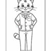 A cartoon cat character dressed in a formal outfit, including a blazer and tie, standing with hands on hips and a confident expression.