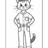 A cartoon cat character standing with hands on hips, wearing a short-sleeve shirt with a pocket, jeans, and a baseball cap. The image is outlined for coloring.