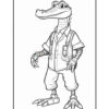 A cartoon alligator character standing confidently with one hand on its hip, wearing a collared shirt and shorts, with suspenders and a backpack, designed in an outlined, coloring book style.