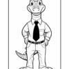 A cartoon dinosaur dressed in a button-up shirt and tie, wearing slacks, standing with hands on hips, showcasing a friendly expression.
