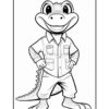A cartoon lizard character stands confidently with a big smile, wearing a button-up shirt and shorts. The character has a scaly texture and details like a spiky tail and webbed feet, with a playful expression accentuated by large eyes. The image is line art, suitable for coloring.