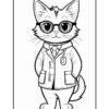 A cartoon cat wearing glasses and a lab coat, standing with its hands in its pockets. The cat has a friendly expression and is depicted in a black and white outline suitable for coloring.