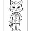 A cartoon cat character standing upright, wearing a suit and tie, with a friendly expression and one hand on its hip. The character has a striped tail visible behind it.