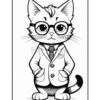 A cartoon cat character wearing glasses and a lab coat, standing upright with its paws in its pockets and a tie around its neck, resembling a confident professional.