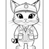 A cartoon cat character standing upright, wearing a cap and a vest with multiple pockets, looking friendly with large eyes and whiskers. The image is outlined in black and intended for coloring.