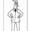 A cartoon rooster in a lab coat and tie, standing confidently with arms crossed, featuring a beak and large comb, depicted in black and white outline for coloring.