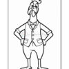 A cartoon chicken character dressed in a tuxedo with a bow tie, standing confidently with hands on hips. The chicken has a stylish comb and is set against a blank background, intended for coloring.