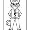 A cartoon cat character standing confidently with arms crossed, wearing glasses, a button-up shirt, and a tie. The cat has a striped pattern and a long tail that curls behind it. This image is outlined and designed for coloring.