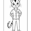 A cartoon-style cat character standing with hands on hips, wearing a short-sleeved button-up shirt and pants, featuring a striped tail and a smiling face.