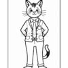 A cartoon cat character stands confidently with its arms crossed, wearing a blazer, dress shirt, tie, and pants, featuring distinct whiskers and a striped tail.