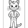 A cartoon cat character wearing a formal outfit, including a shirt and tie, standing confidently with hands on hips and a playful expression, set against a blank background.
