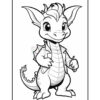 A cartoon dragon character standing upright, wearing a jacket, with large eyes and a friendly expression, holding a pencil in one hand. The image is in black and white, designed for coloring.