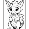 A cute dragon character with large expressive eyes, pointed ears, and small wings, standing upright with a friendly smile, outlined for coloring.