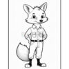 A cartoon fox character wearing a button-up shirt and pants, standing confidently with hands on hips, in a black and white coloring book style.