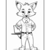 A cartoon fox character standing confidently with its hands on its hips, wearing a button-up shirt and jeans, with a laptop beside it. The image is designed for coloring and is outlined in black and white.