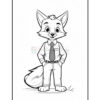 A cartoon fox character wearing a dress shirt, tie, and pants, standing with hands in pockets on grass in a simple line art style, intended for coloring.