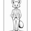 A cartoon fox character wearing a suit and tie, standing with its hands in its pockets. The image is in black and white, designed for coloring.
