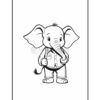 A cartoon-style black and white illustration of an elephant wearing a shirt and holding a strap, designed for coloring purposes.