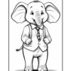 A cartoon elephant wearing a suit and tie, standing upright with a joyful expression, ready for coloring. The illustration is outlined in black and intended for coloring activities.