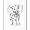 A cartoon elephant wearing a shirt and trousers with suspenders, standing confidently with a friendly expression, outlined for coloring.