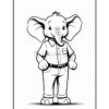 A cartoon elephant standing upright, wearing a button-up shirt and pants. The elephant has large ears and a cheerful expression, making it suitable for a coloring page.