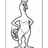 A cartoon chicken standing confidently with its hands on its hips, featuring a pronounced comb on its head and a plump body, outlined in black on a white background.