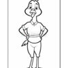 A cartoon duck standing confidently with hands on hips, wearing a collared shirt and pants, set in an outlined coloring page style.