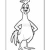 A cartoon chicken standing with its hands on its hips, sticking its tongue out, and wearing a playful expression, outlined in black on a white background.