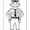 A cartoon dinosaur character dressed as a police officer, smiling and standing with hands on hips, featuring a police badge, shirt, tie, and utility belt, outlined in black and white for coloring.