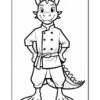 A cartoon dragon character wearing a chef's outfit, including a double-breasted jacket and an apron, standing with hands on hips and a friendly smile. The dragon has a scaly tail and large feet, depicted in a coloring page style.