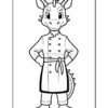 A cartoon dragon character standing with hands on its hips, wearing a chef's coat and apron. The outline is in black and white, suitable for coloring.
