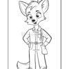 A cartoon fox character with a friendly expression, wearing a jumpsuit and standing with one hand on its hip, set against a blank background, intended for coloring.