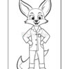A cartoon fox character stands confidently with hands on hips, wearing a buttoned shirt and pants, against a plain white background for coloring purposes.