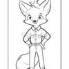 A cartoon-style fox character standing upright, wearing a buttoned shirt and pants with hands on hips, outlined for coloring in a printable format.