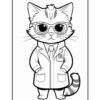 A cartoon cat wearing glasses and a lab coat, standing with its hands in its pockets, featuring a striped tail and a tuft of hair on its head.