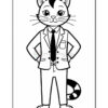 A cartoon cat character depicted in a formal suit and tie, with a confident stance and hands on hips, featuring a distinctive black and white patterned tail and a slight smile.