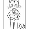 A cartoon cat standing upright, wearing a formal suit with a tie and a pocket square, looking cheerful with a smile, whiskers, and large expressive eyes, set against a simple white background.