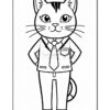 A cartoon cat dressed in a business suit and tie, standing with its paws clasped in front, featuring large eyes and distinct whiskers, set against a plain background.