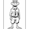 A cartoon lizard wearing a button-up shirt and tie, standing in a confident pose. The lizard has a friendly expression, with large eyes and a big smile. It wears short pants and sports shoes, showcasing a playful, anthropomorphized character.