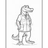 A cartoon crocodile character standing upright, wearing a buttoned shirt with pockets and a tie, depicted in outline form for coloring.