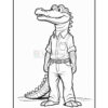 A cartoon crocodile character standing upright, wearing a collared shirt and pants, with a friendly expression and a distinctive toothy smile, showcasing its scales and a long tail.